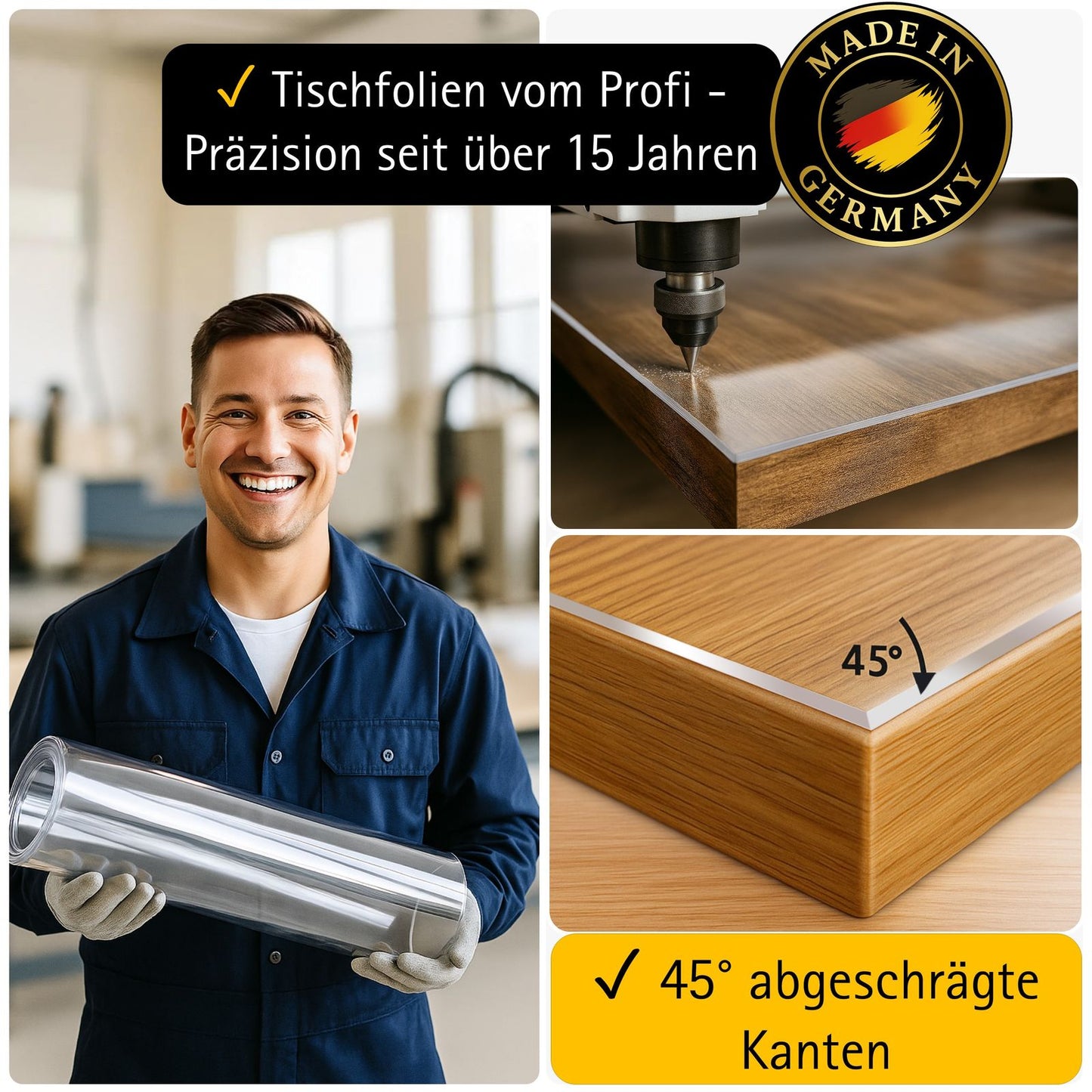 Tischfolie transparent 2,0mm – PVC Tischschutz-Folie optional mit 45° Schrägkante, wasserdicht & robust – Tischdecke gegen Kratzer und Flecken
