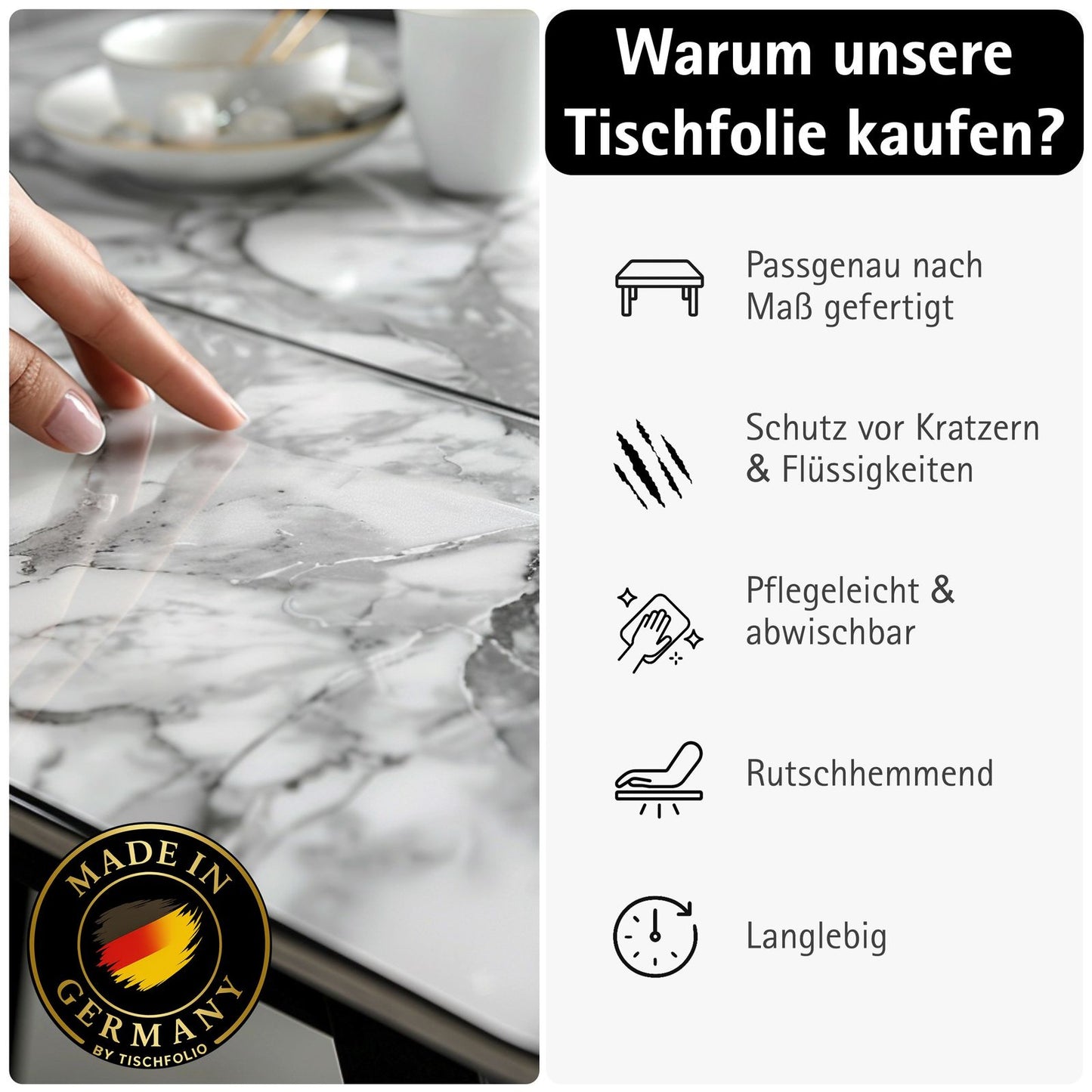 Marmor Tischfolie 1,5mm – PVC Tischschutz in Marmor-Optik, wasserfest & passgenau