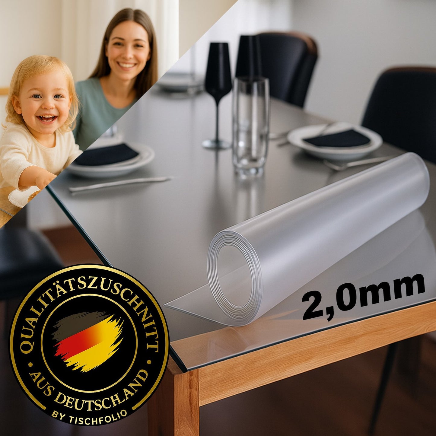 Mattierte Tischfolie für Glastische – Anti-Blasen, 2 mm PVC Schutzfolie